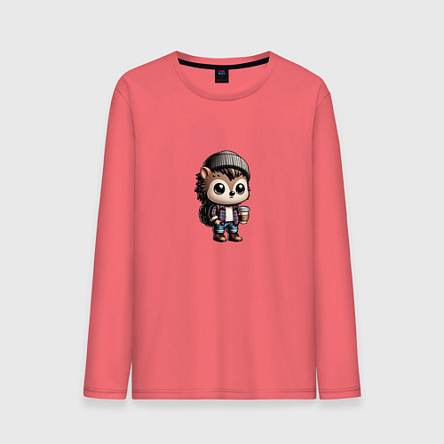 Мужской лонгслив Ежик-хипстер / Коралловый – фото 1