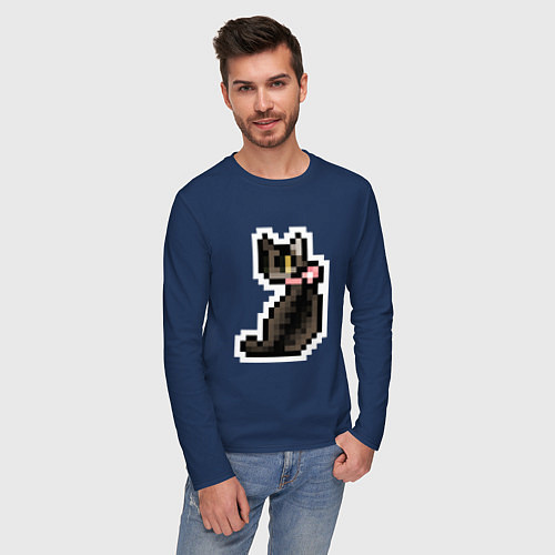 Мужской лонгслив Милая пиксельная кошка с розовым ошейником / Тёмно-синий – фото 3