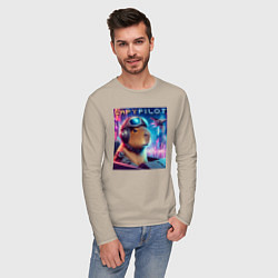 Лонгслив хлопковый мужской Capybara is a cool pilot - ai art fantasy, цвет: миндальный — фото 2