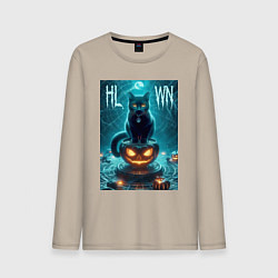 Мужской лонгслив Чёрный кот сидит на тыкве - хэллоуин