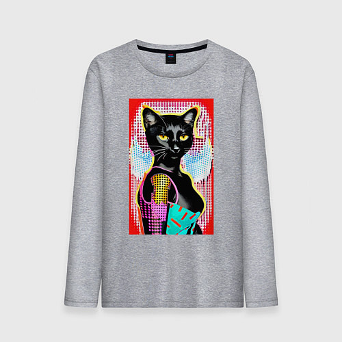 Мужской лонгслив Фигуристая чёрная кошечка в стиле поп-арт / Меланж – фото 1