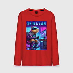 Мужской лонгслив Капибара заядлый геймер - неоновое свечение