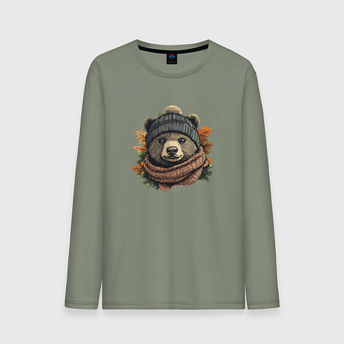 Мужской лонгслив Медведь в шарфе и шапке / Авокадо – фото 1