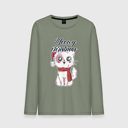 Лонгслив хлопковый мужской Christmas Cat, цвет: авокадо