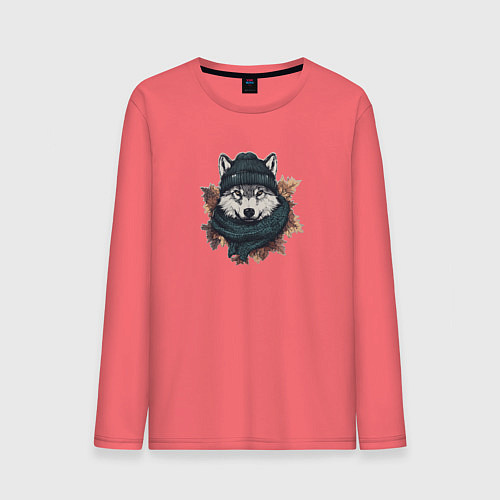 Мужской лонгслив Волк в шапке / Коралловый – фото 1