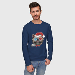 Лонгслив хлопковый мужской Новогодний мопс, цвет: тёмно-синий — фото 2