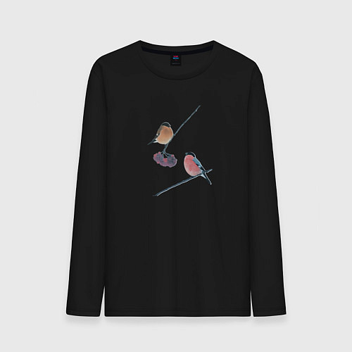 Мужской лонгслив Снегири на ветке рябины / Черный – фото 1