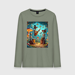 Лонгслив хлопковый мужской Трио скелетов музицируют на грибной поляне, цвет: авокадо