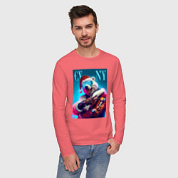 Лонгслив хлопковый мужской Cyber new year - bear ai art, цвет: коралловый — фото 2