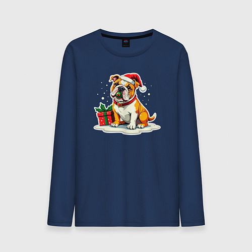 Мужской лонгслив Новогодний бульдог с игрушкой / Тёмно-синий – фото 1