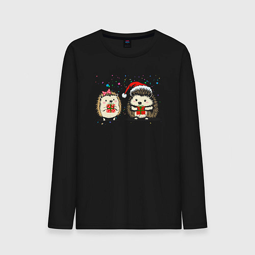 Мужской лонгслив Новогодние ежики с подарками / Черный – фото 1