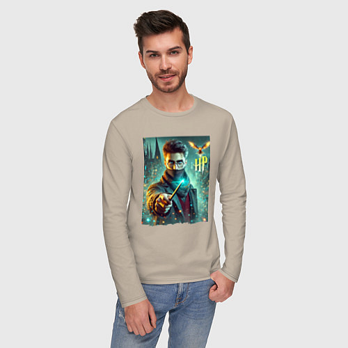 Мужской лонгслив Harry Potter with a magic wand - ai art fantasy / Миндальный – фото 3