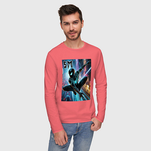Мужской лонгслив Neon Spider-man - ai art fantasy / Коралловый – фото 3