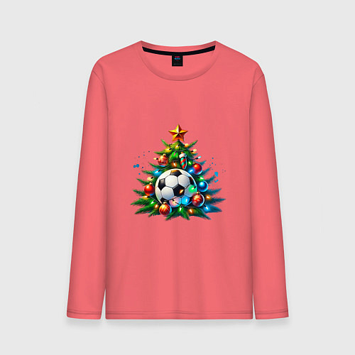 Мужской лонгслив Новогодняя футбольная елка / Коралловый – фото 1