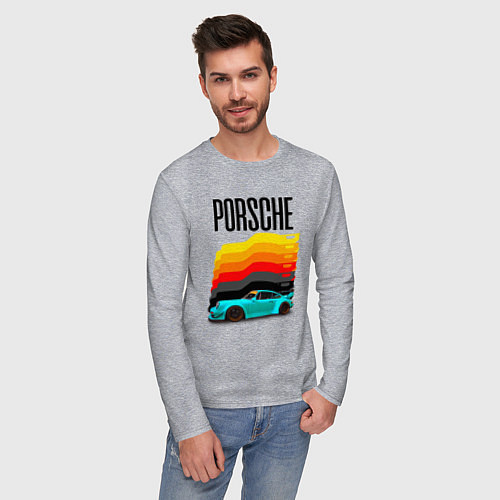 Мужской лонгслив Автомобиль Porsche на фоне флага Германии / Меланж – фото 3