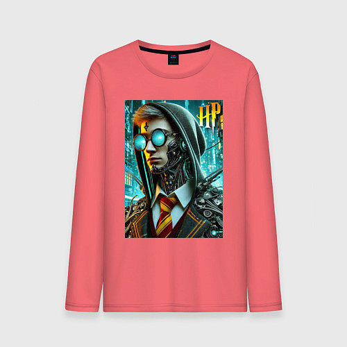 Мужской лонгслив Cyber Harry Potter - ai art fantasy / Коралловый – фото 1