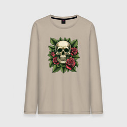 Мужской лонгслив Череп в зеленых листьях и красных розах