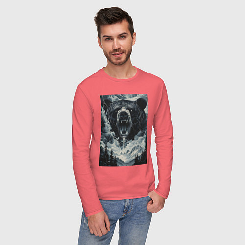 Мужской лонгслив Медведь с оскаленной пастью / Коралловый – фото 3