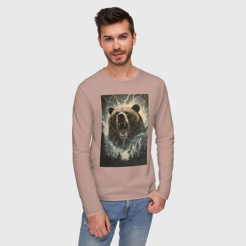 Мужской лонгслив Оскаленная морда медведя / Пыльно-розовый – фото 3