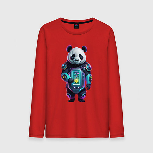 Мужской лонгслив Крутой кибер панда / Красный – фото 1
