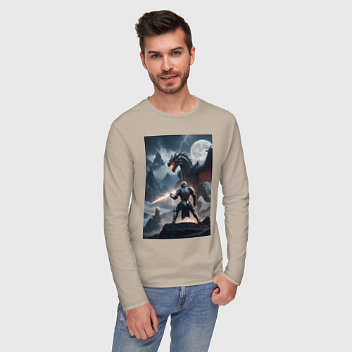 Мужской лонгслив Сражение рыцаря с драконом в стиле Demons Souls / Миндальный – фото 3
