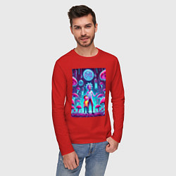 Лонгслив хлопковый мужской Rick and Morty among neon mushrooms - ai art fanta, цвет: красный — фото 2