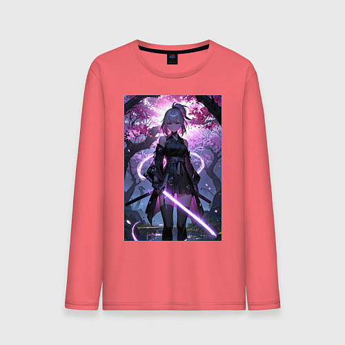 Мужской лонгслив Девушка с катаной на фоне цветущей сакуры / Коралловый – фото 1
