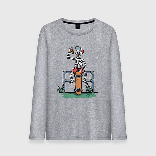 Мужской лонгслив Скелетик скейтер с пиццей / Меланж – фото 1