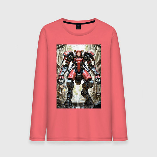 Мужской лонгслив Девушка управляет огромным мехом / Коралловый – фото 1