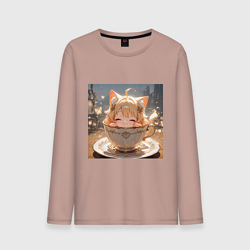 Мужской лонгслив Кошечка с короной в чашке / Пыльно-розовый – фото 1