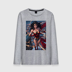 Мужской лонгслив Чудо-женщина на крыше с городским фоном