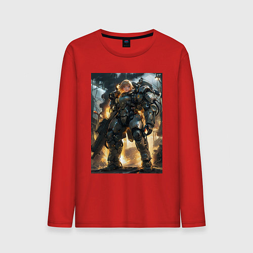 Мужской лонгслив Девушка управляет огромным стальным мехом / Красный – фото 1