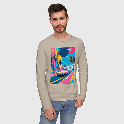 Мужской лонгслив Кабриолет едет по тропическому острову в стиле Куб / Миндальный – фото 3