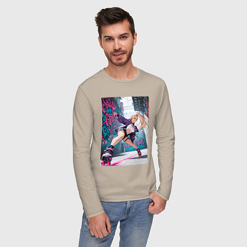 Мужской лонгслив Девушка на роликах исполняет трюки / Миндальный – фото 3