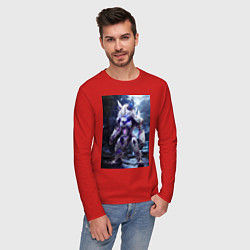 Лонгслив хлопковый мужской Киборг лиса с неоновой подсветкой, цвет: красный — фото 2