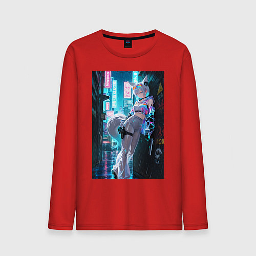 Мужской лонгслив Лиса наемник в стиле Cyberpunk / Красный – фото 1