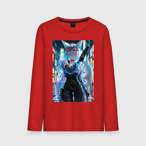 Мужской лонгслив Лиса наемник в стиле Cyberpunk / Красный – фото 1