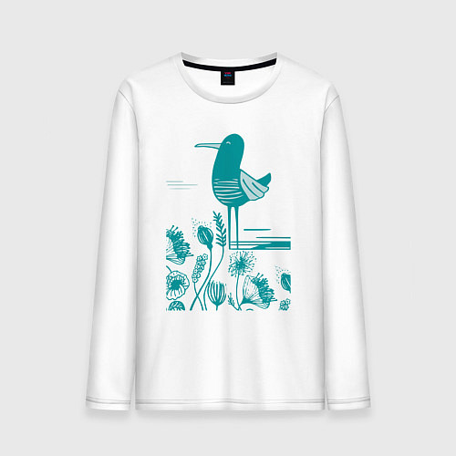 Мужской лонгслив Птичка и цветы в голубом / Белый – фото 1