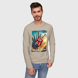 Лонгслив хлопковый мужской Rolling Stones - logo-guitar, цвет: миндальный — фото 2