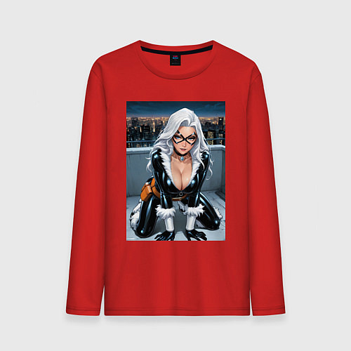 Мужской лонгслив Черная кошка на крыше небоскреба / Красный – фото 1