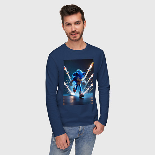 Мужской лонгслив Соник убегает от ракет / Тёмно-синий – фото 3