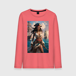 Лонгслив хлопковый мужской Пиратка на фона флотилии кораблей, цвет: коралловый