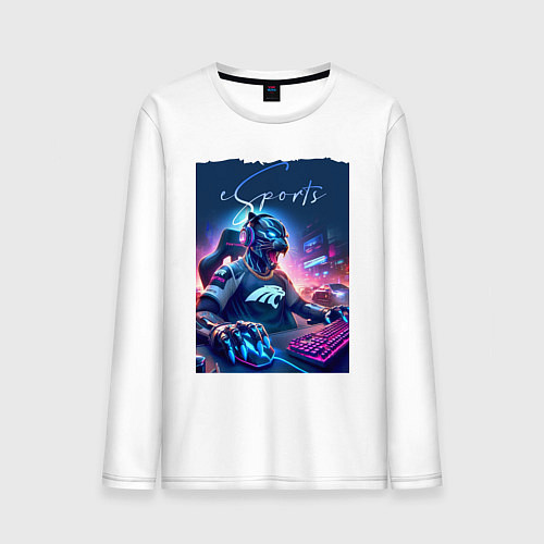 Мужской лонгслив Cyber panther is esports player - neon glow / Белый – фото 1