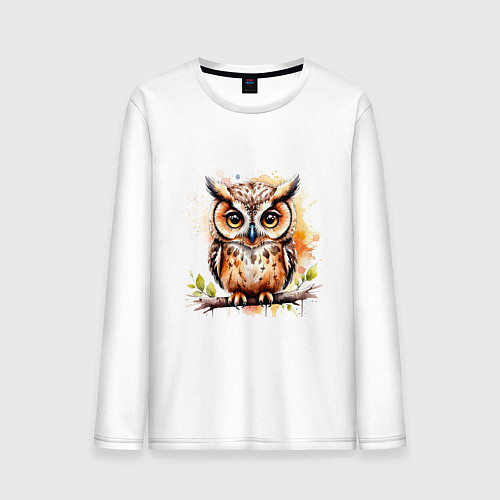 Мужской лонгслив Акварельная сова / Белый – фото 1