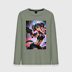 Лонгслив хлопковый мужской Девушка-демон с пистолетом, цвет: авокадо