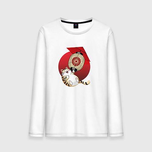 Мужской лонгслив Летящий кот на фонарике / Белый – фото 1