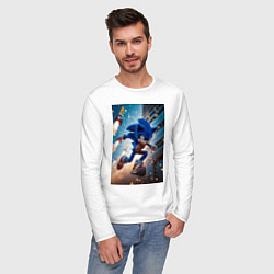 Лонгслив хлопковый мужской Соник убегает от летящих ракет, цвет: белый — фото 2