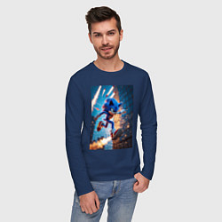 Лонгслив хлопковый мужской Соник убегает от летящих ракет, цвет: тёмно-синий — фото 2