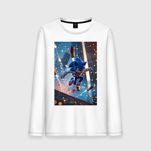 Мужской лонгслив Соник убегает от летящих ракет / Белый – фото 1