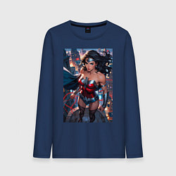 Лонгслив хлопковый мужской Чудо-женщина с городским фоном в стиле комиксов, цвет: тёмно-синий